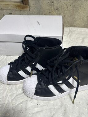 Adidas Black and White Wedge Heel High-Top Superstar Sneakers